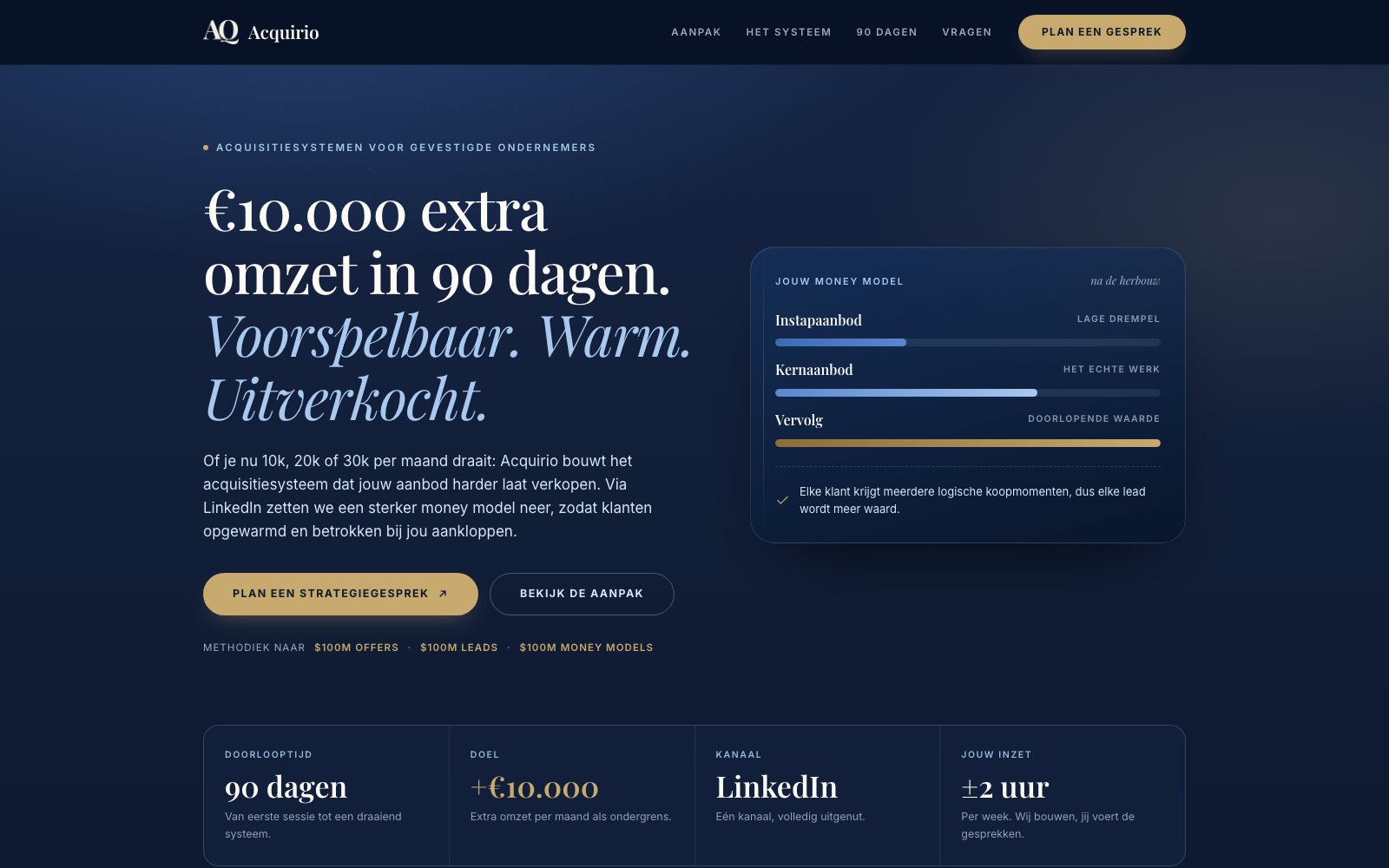 Landingspagina van Acquirio, acquisitiesystemen voor ondernemers