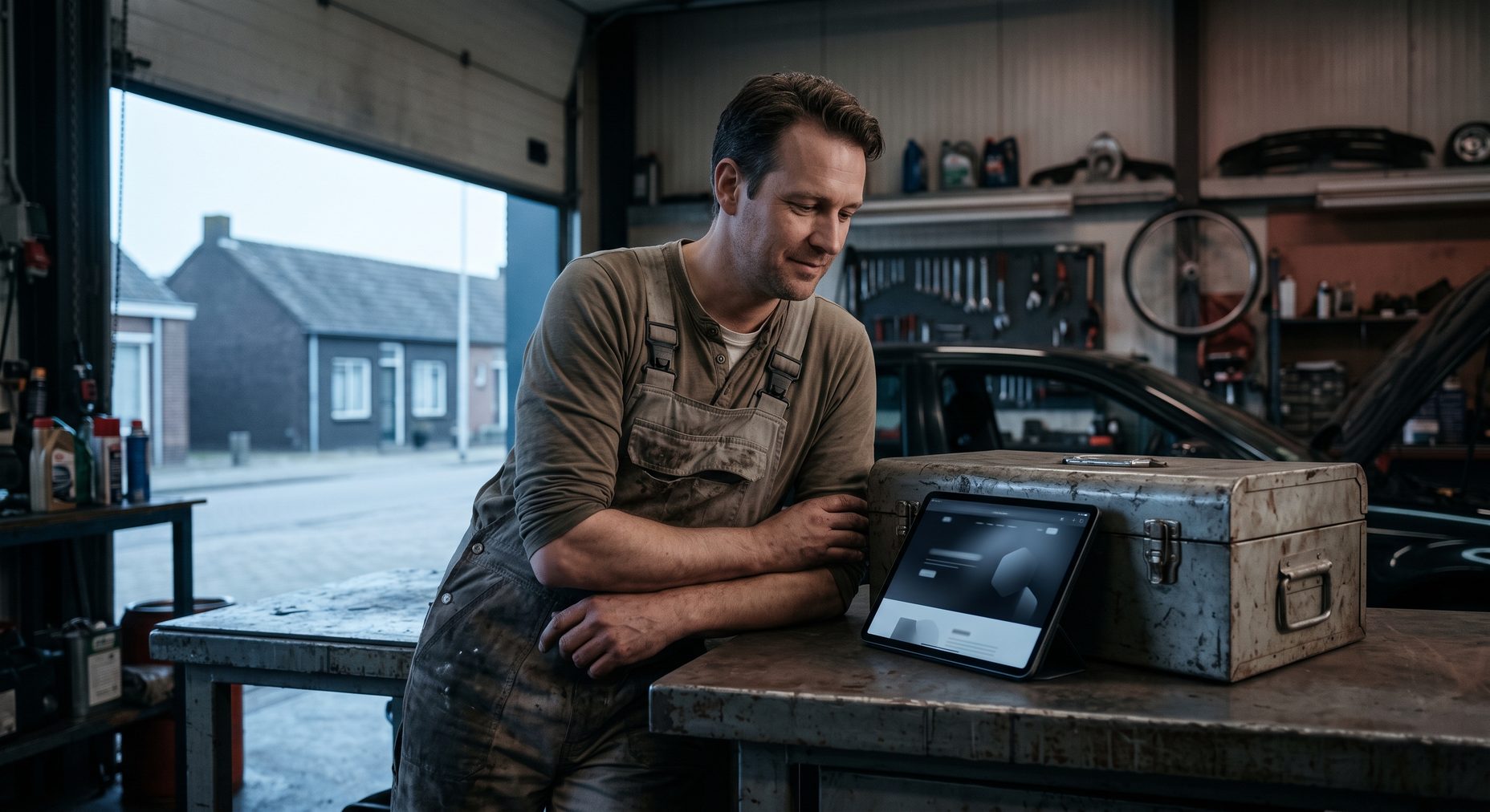 Garage-eigenaar bekijkt in de vroege ochtend tevreden zijn nieuwe website op een tablet in de werkplaats