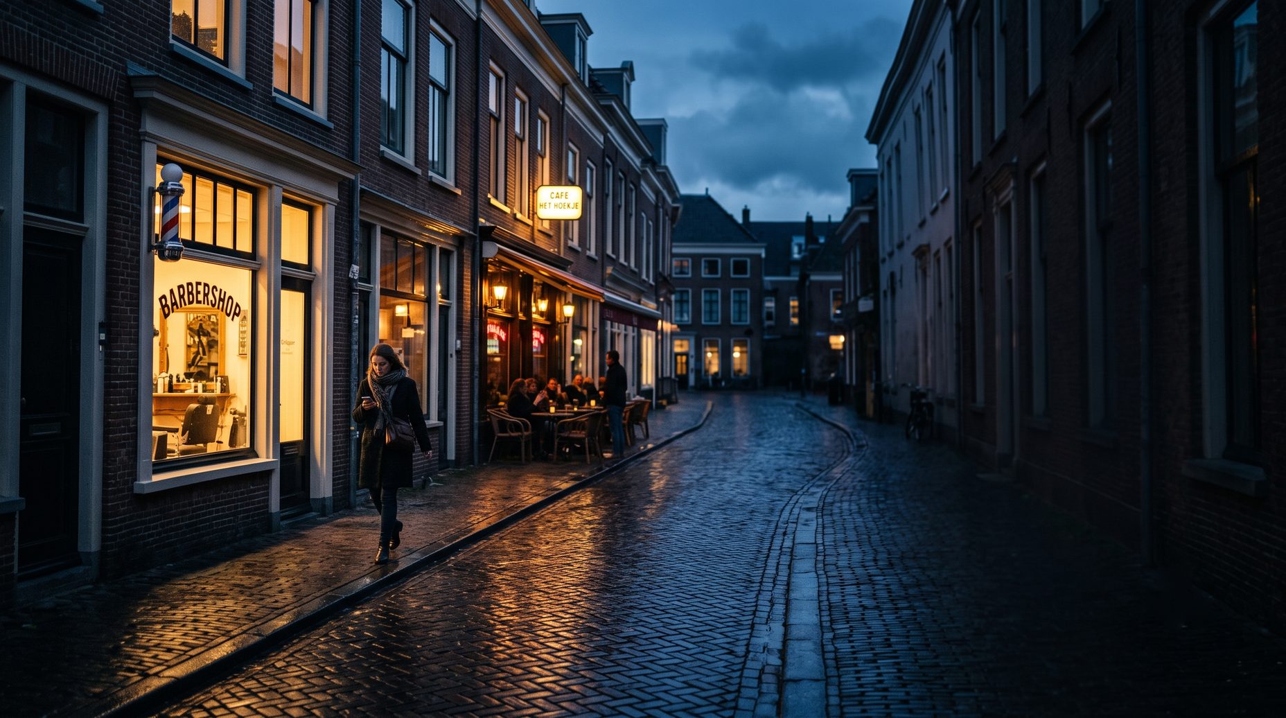 Nederlandse winkelstraat bij schemering met verlichte zaken en een voorbijganger die op zijn telefoon kijkt