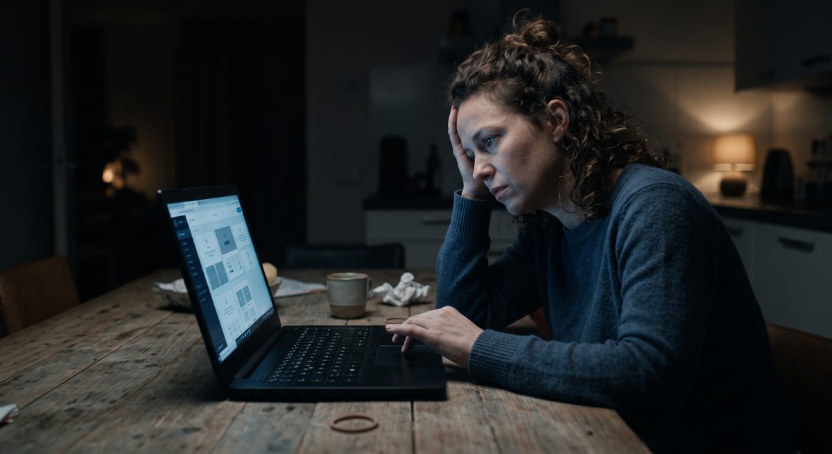 Ondernemer worstelt 's avonds laat achter haar laptop met een doe-het-zelf websitebouwer