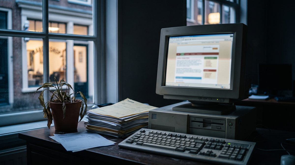 Stoffige oude computer met een verouderde website op het scherm in een rommelig kantoortje