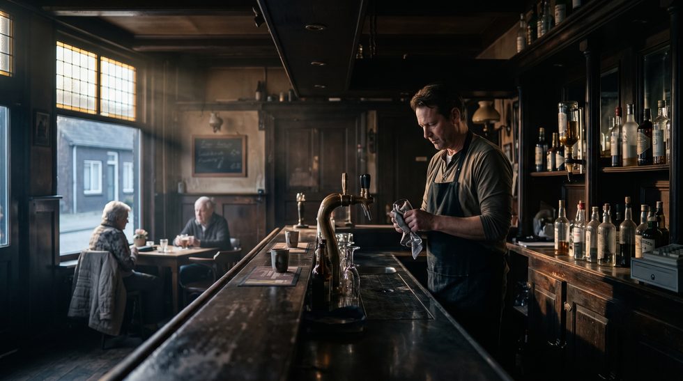 Eigenaar poetst een glas achter de bar van een bruin cafe terwijl de eerste gasten aanschuiven