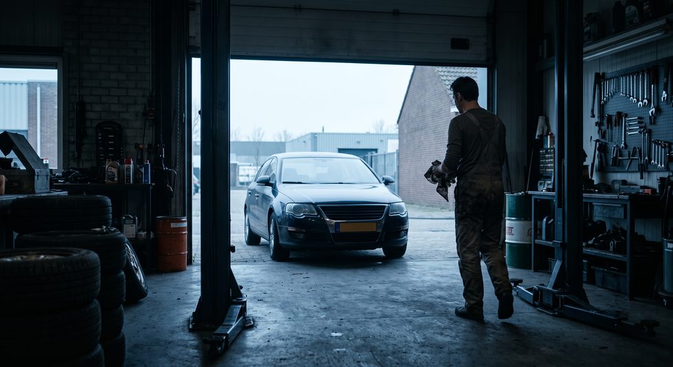 Auto rijdt een kleine garage binnen terwijl de monteur zijn handen afveegt