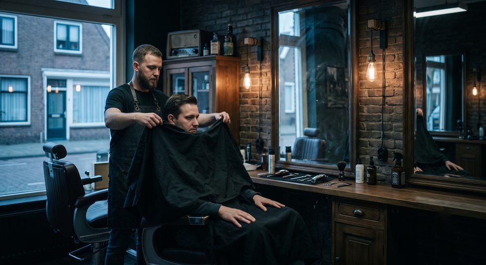 Barbier legt een kapmantel om bij een nieuwe klant in een sfeervolle barbershop