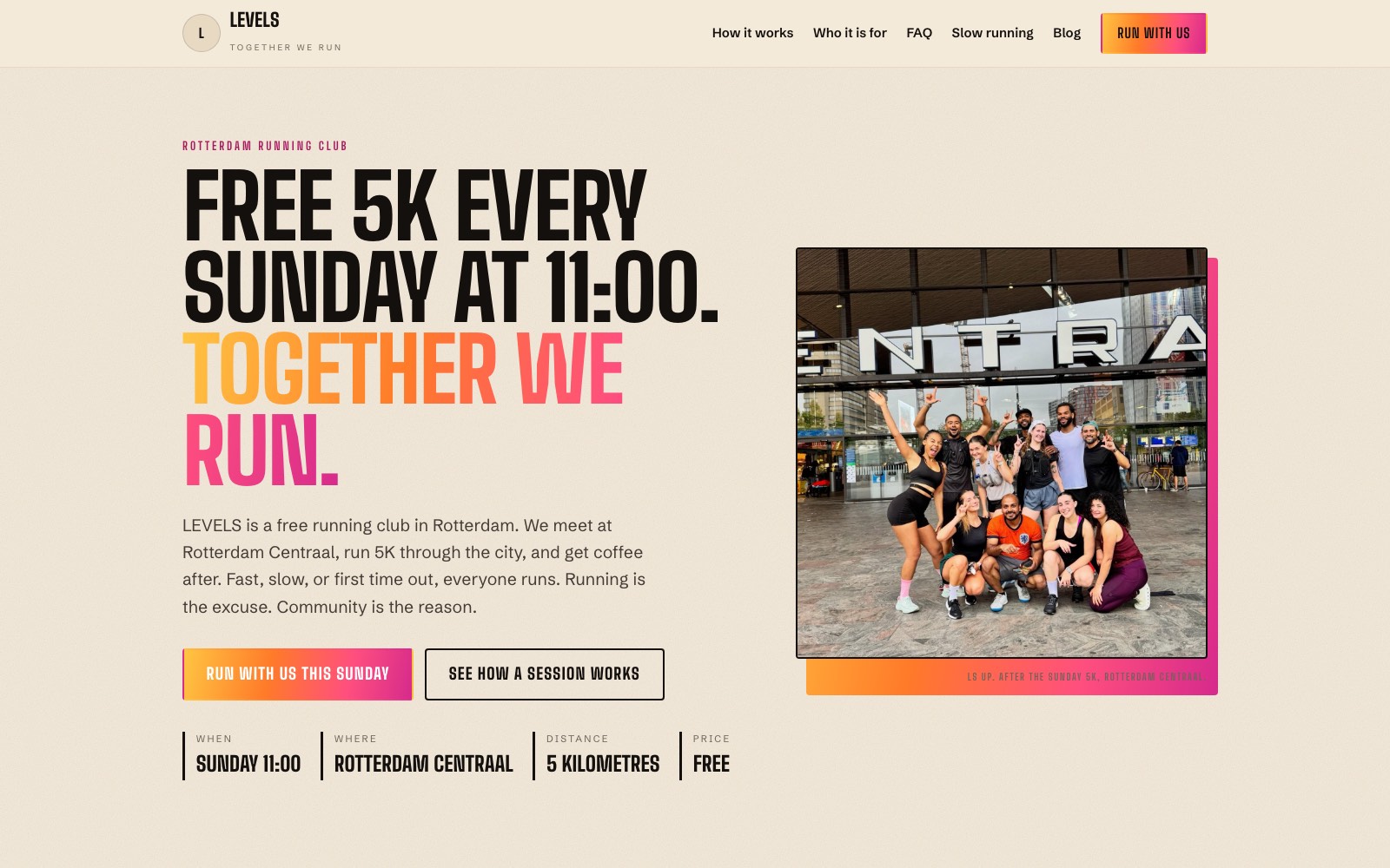 Website van Levels Run Club in Rotterdam